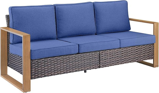 Rilyson Outdoor Couch Wicker Patio Sofa, Rattan Patio Furniture Sofa with Sturdy Frame,All-Weather PE Wicker,Wide Armrest,Deep Seating and Thick Cushions for Deck Porch Garden(Brown/Blue)