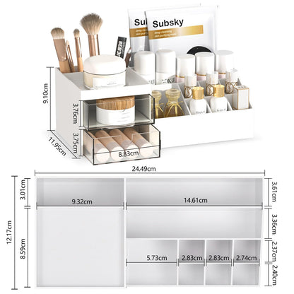 Subsky Makeup Organiser with Drawers, Make Up Storage Cosmetic Dressing Table Organiser Makeup Box with Drawerds for Dresser, Bedroom, Bathroom (White)