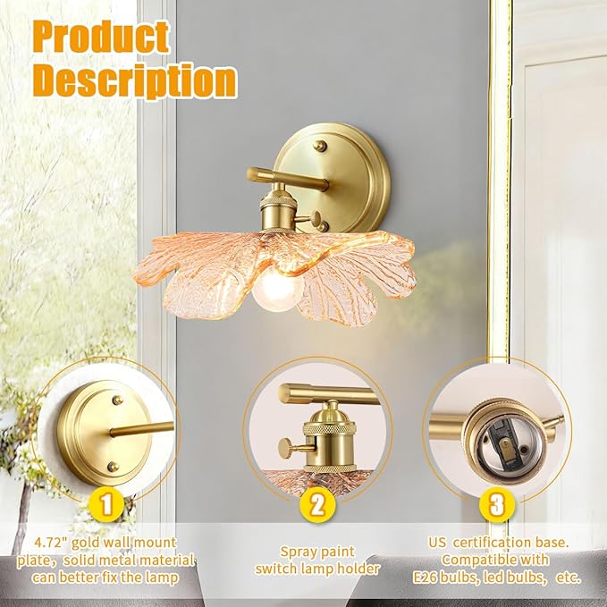 Gold Bathroom Vanity Lights Over Mirror Vintage Wall Sconces Light Wall lamp with Amber Glass Flower Shade mid Century Modern Vanity Light Bathroom Wall Sconces for Bedroom Hallway Living Room