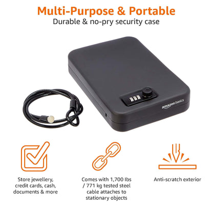 Amazon Basics Portable Security Case Lock Box Safe, Small Lock Box with Code, for College Dorm Room, Home, Combination Lock, XL, Black