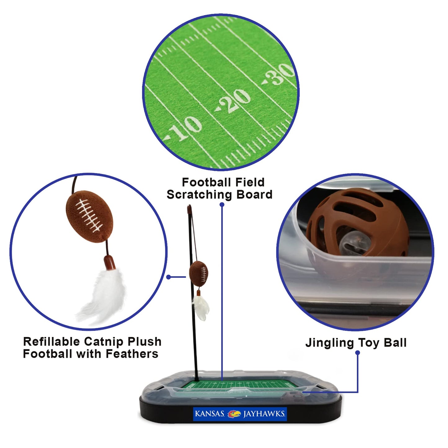 Pets First CAT Scratcher & Plush Football Toy with Catnip, Feather & Jingle Bell Interactive Ball Cat Chasing 5-in-1 Kitty Toy