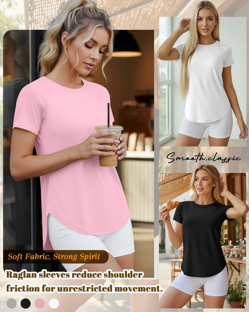 Oakgarden 4 Pack Women's Workout Tops Short Sleeve Shirts UV Protection Quick Dry Side Slits Athletic Outfits for Running(Black, White, Light Gray, Pink,X-Large)