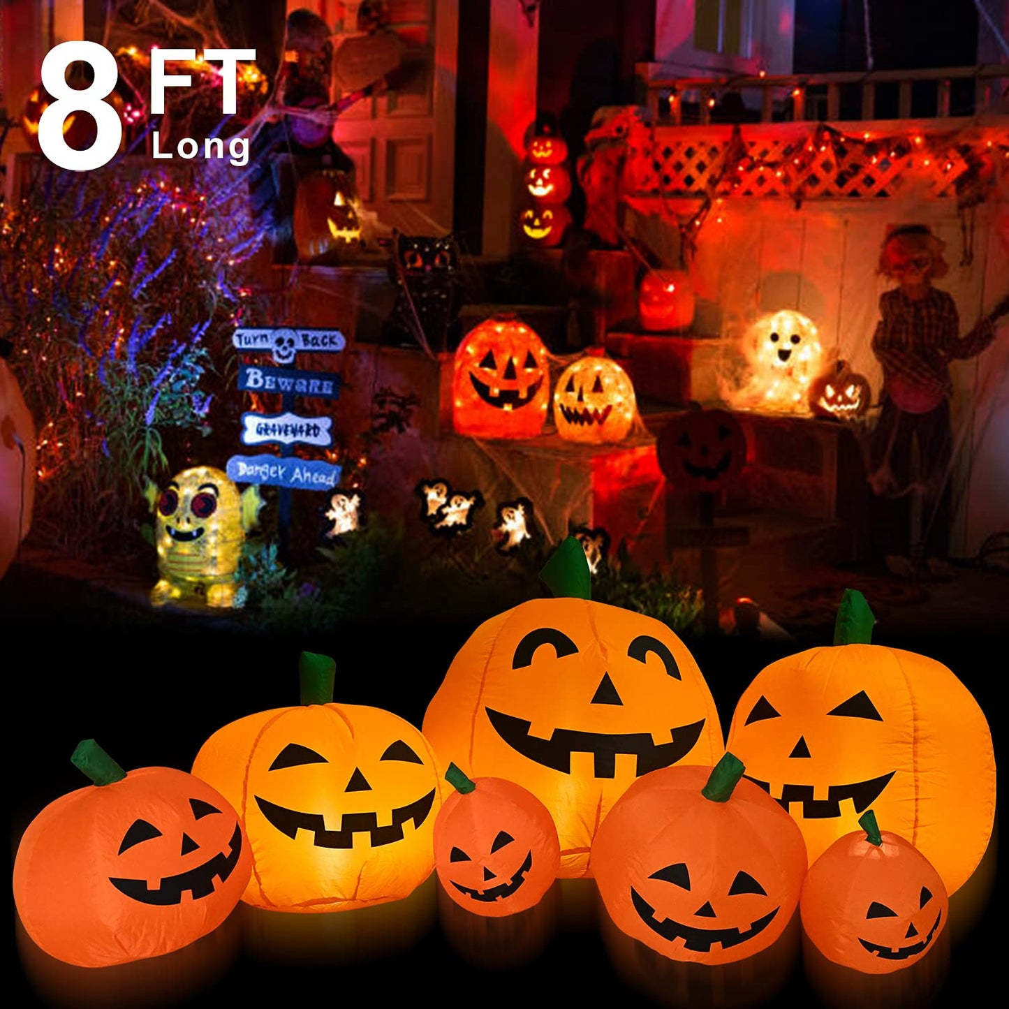 TechKen Halloween Inflatables 8FT Long Inflatable Pumpkins with Built-in LEDs - Outdoor Yard Decorations for Harvest and Halloween Party, Garden, Lawn - Fun Halloween Decors Harvest Giant Pumpkins