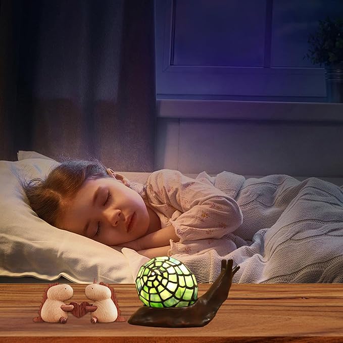 Tiffany Style Blue Snail Accent Table Lamp Handmade Stained Glass Shade Night Light for Kids with 3 Color Temperatures LED Bulb - Ideal Gift for Home Decor(8" D x 5" W x 5" H)