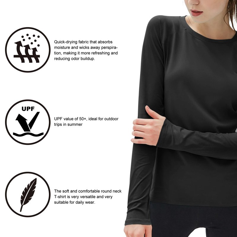 isnowood Swim Shirts for Women, UPF 50+ UV Sun Protection Long Sleeve Shirt, Lightweight Quick Dry Workout Hiking Running Rash Guard Top Black