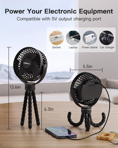 FRIZCOL Portable Stroller Fan, Use As Power Bank, 65H 12000mAh Battery Operated Fan Flexible Tripod Baby Car Seat Fans with Timming, Personal Mini Handheld/Desk/Small Clip On Fans For Stroller