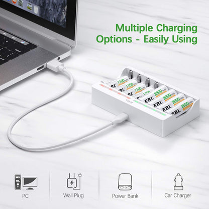 EBL Rechargeable AAA Batteries 1100mAh (8 Counts) and 8 Slot AA AAA Independent Rechargeable Battery Charger with 5V 2A USB Fast Charging Function