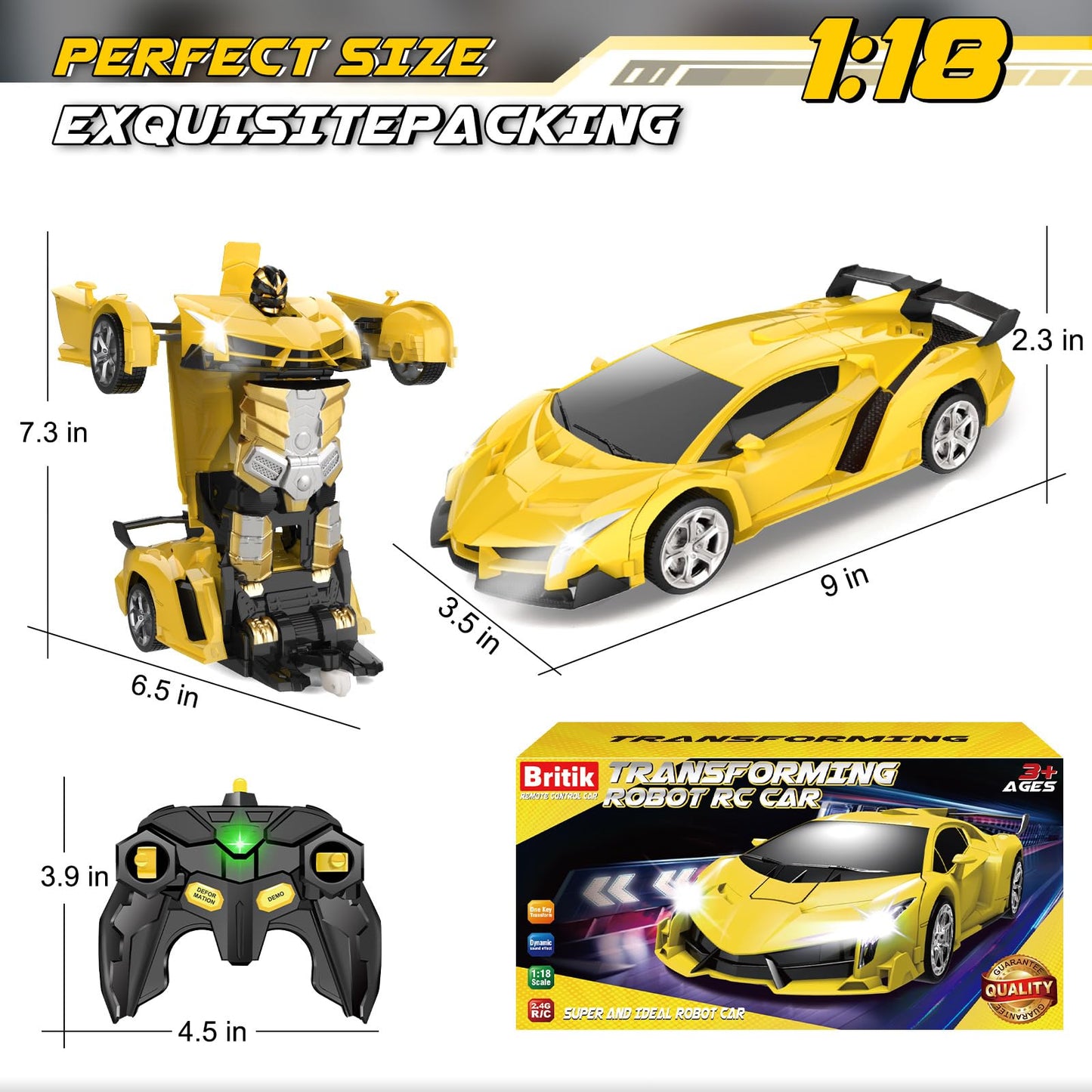 Britik Toys for Kids 3-8 Year Old: Transforming Remote Control Car Toys Gifts for Boys Age 3 4 5 6 7 8 Birthday Presents Toy for Toddler Transformable 2 in 1 Robot RC Car Toy 360° Rotating-Yellow