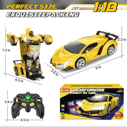 Britik Toys for Kids 3-8 Year Old: Transforming Remote Control Car Toys Gifts for Boys Age 3 4 5 6 7 8 Birthday Presents Toy for Toddler Transformable 2 in 1 Robot RC Car Toy 360° Rotating-Yellow