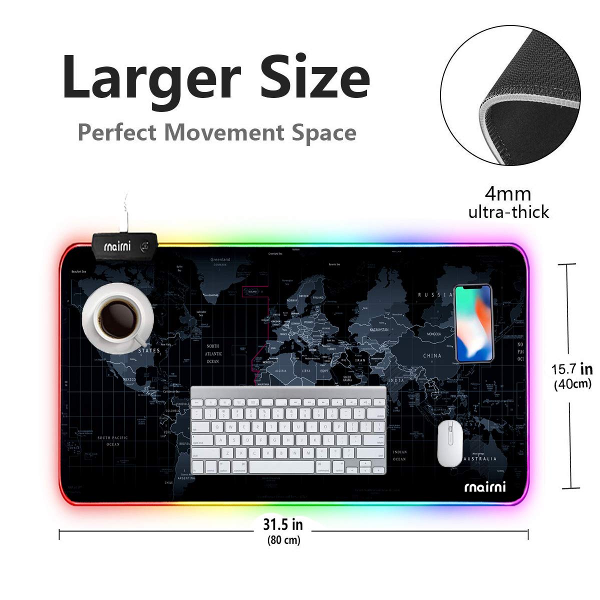 Extended RGB Gaming Mouse Pad, Extra Large Gaming Mouse Mat for Gamer, Waterproof Office Desktop Mat with 10 Lighting Mode, for PC Computer RGB Keyboard Mouse - 31.5'' x 15" x 4mm(Map)