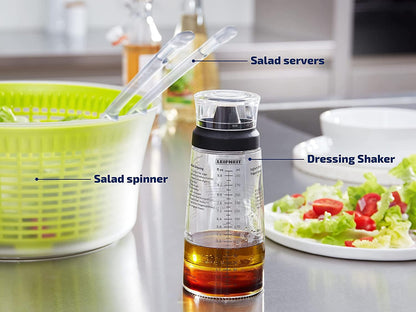 Leifheit Salad Dressing Shaker, 5 Imprinted Recipes, Glass Bottle, Non-Drip Spout, Dishwasher Safe, Black Transparent, 300 ml Measuring, Salad Dressing Pots, dressing maker