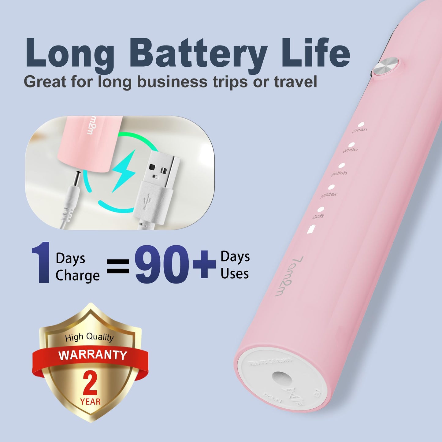 7AM2M Sonic Electric Toothbrush for Adults and Kids, One Charge for 90 Days, with 6 Brush Heads, 5 Modes with 2 Minutes Build in Smart Timer, Roman Column Handle Design (Pink)