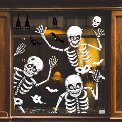 Halloween Window Clings Skeleton Window Decorations for Glass Windows, Double Side Cute Halloween Window Stickers Decals Indoor Home Office Party Decor