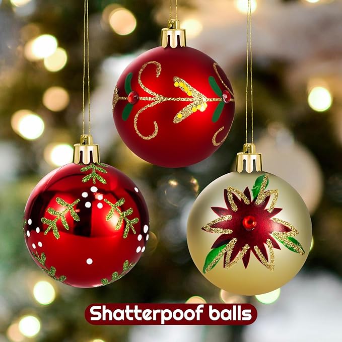 16PCS Christmas Ball Ornaments Set Xmas Tree Decoration Balls 2024 Shatterproof Hanging Colored for Party Wedding Home Party Outdoor Indoor Red & Golden