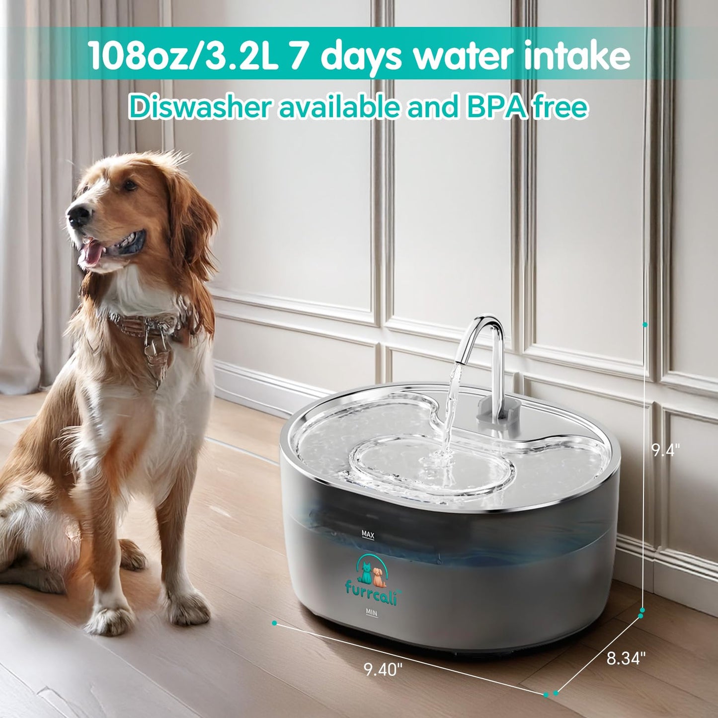 Furrcali Cat Water Fountain 108oz/3.2L, Stainless Steel Lid & Transparent PC Tank, BPA-Free, Pet Water Dispenser for Cats & Dogs, Automatic Cat Fountain with 5 Replacement Filters, Ultra Quiet Pump