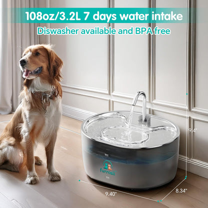 Furrcali Cat Water Fountain 108oz/3.2L, Stainless Steel Lid & Transparent PC Tank, BPA-Free, Pet Water Dispenser for Cats & Dogs, Automatic Cat Fountain with 5 Replacement Filters, Ultra Quiet Pump