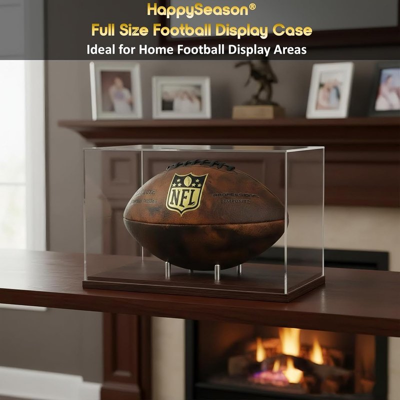 Football Display Case - Clear Acrylic Holder with Walnut Wood Base | Full Size Autograph Stand, No Assembly Required