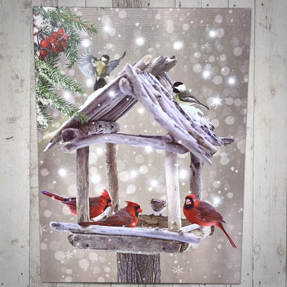 BANBERRY DESIGNS Lighted Cardinals Canvas Print with Rustic Bird Feeder - Berries Snowy LED Winter Scene - 20 Fiber Optic Lights - Wall Art - Measures 15.75" x 11.75"