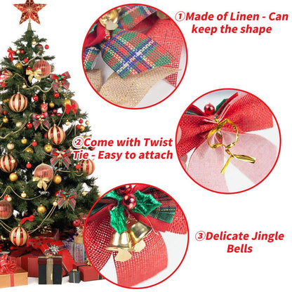 YBB 12 Pack Christmas Red Green Plaid Tree Bows, Linen Bowknot Wreath Bow with Jingle Bells for Christmas Garland Tree, Crafts, Wrapping, Wreath Xmas Hanging Ornaments Decor