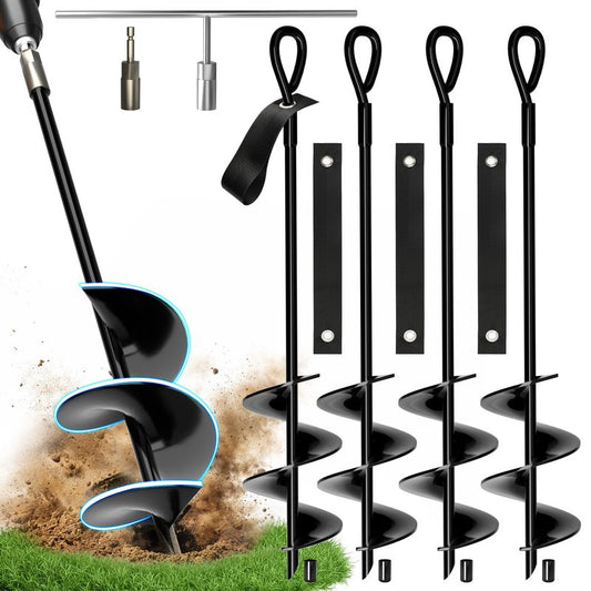 MIXC 18 Inch Heavy Duty Ground Anchors Screw in, 4 Pack Spiral Trampoline Stakes with Straps, Drill Adapter and Upgraded T-Wrench, 2.76'' Wider Blades for Swing Set, Shed, Carport, Mobile Home