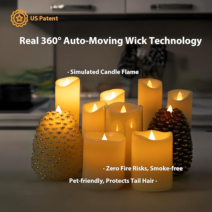 Flameless Candles Last 1300+ Hours Real Wax Flame Effect Auto-Moving 3D Wick, LED Pillar Candles with Timers Battery Operated - Ivory 6“6”