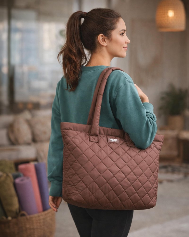 Reebok Womens Tote Bag - Lightweight Carry On Puffer Quilted Tote Bag for Travel Work Travel and Daily Essentials, Size One Size, Barbara Choco Malt