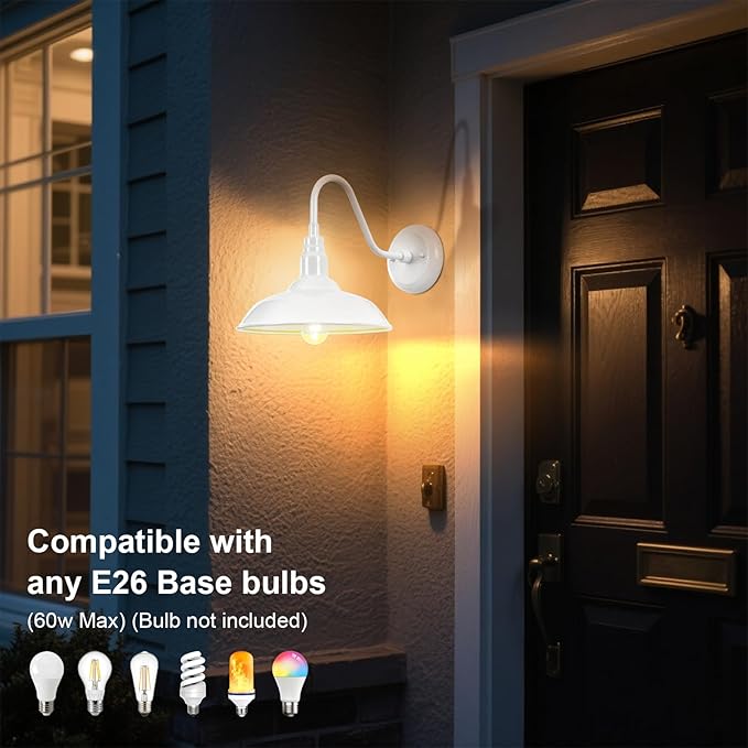 10'' Diameter Outdoor Gooseneck Barn Light Fixture with Wall Mount, White Exterior Waterproof Porch Barn Door Wall Lantern, Farmhouse Outdoor Wall Sconce, 1 Pack, LM2201-WH