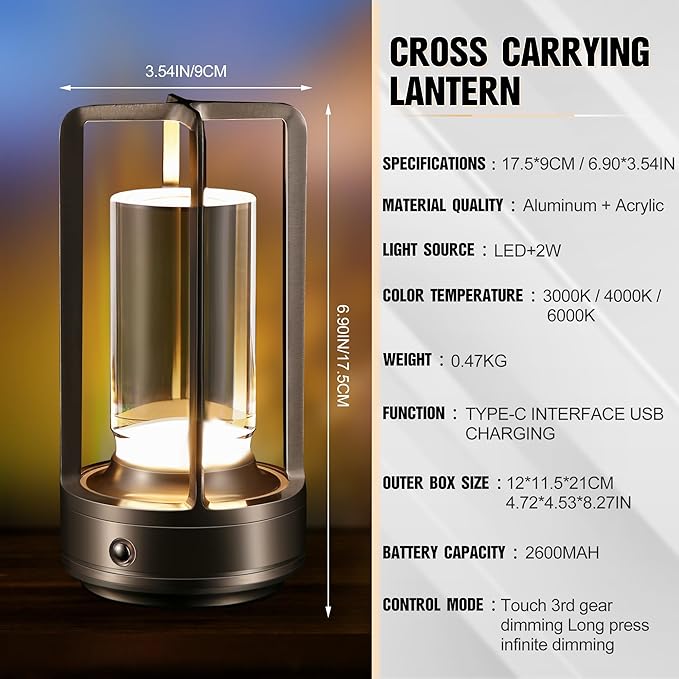 Portable Metal Table Lamp,Cordless Table Lamp, Rechargeable Battery Operated Lights, LED Table Lamps, 3 Color Stepless Dimming Touch, for Bedroom Restaurant Home Outdoor (Sliver)