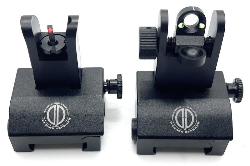 Dagger Defense (Veteran Owned Company) Fiber Optic BUIS Backup Iron Sights for use on Standard Picatinny Rails. Spring Loaded. Use with red dots and Reflex Sights.
