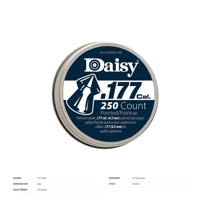 Daisy, Max Precision .177 Cal Pellet Ammunition, 7.2 Grains, Pointed, 250ct, .177 Caliber, 987777-406