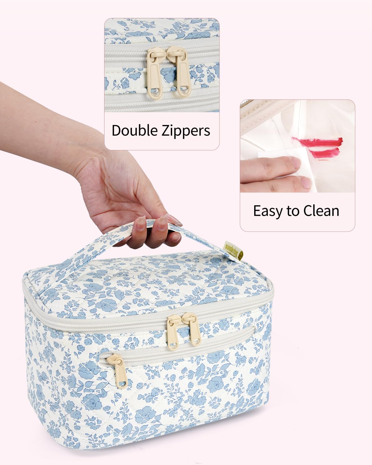 Travel Makeup Bag with Brush Compartment, Large Cosmetic Bags, Quilted Fabric Makeup Case with Handle, Water-Resistant for Women, Blue Flower (Patent Pending)