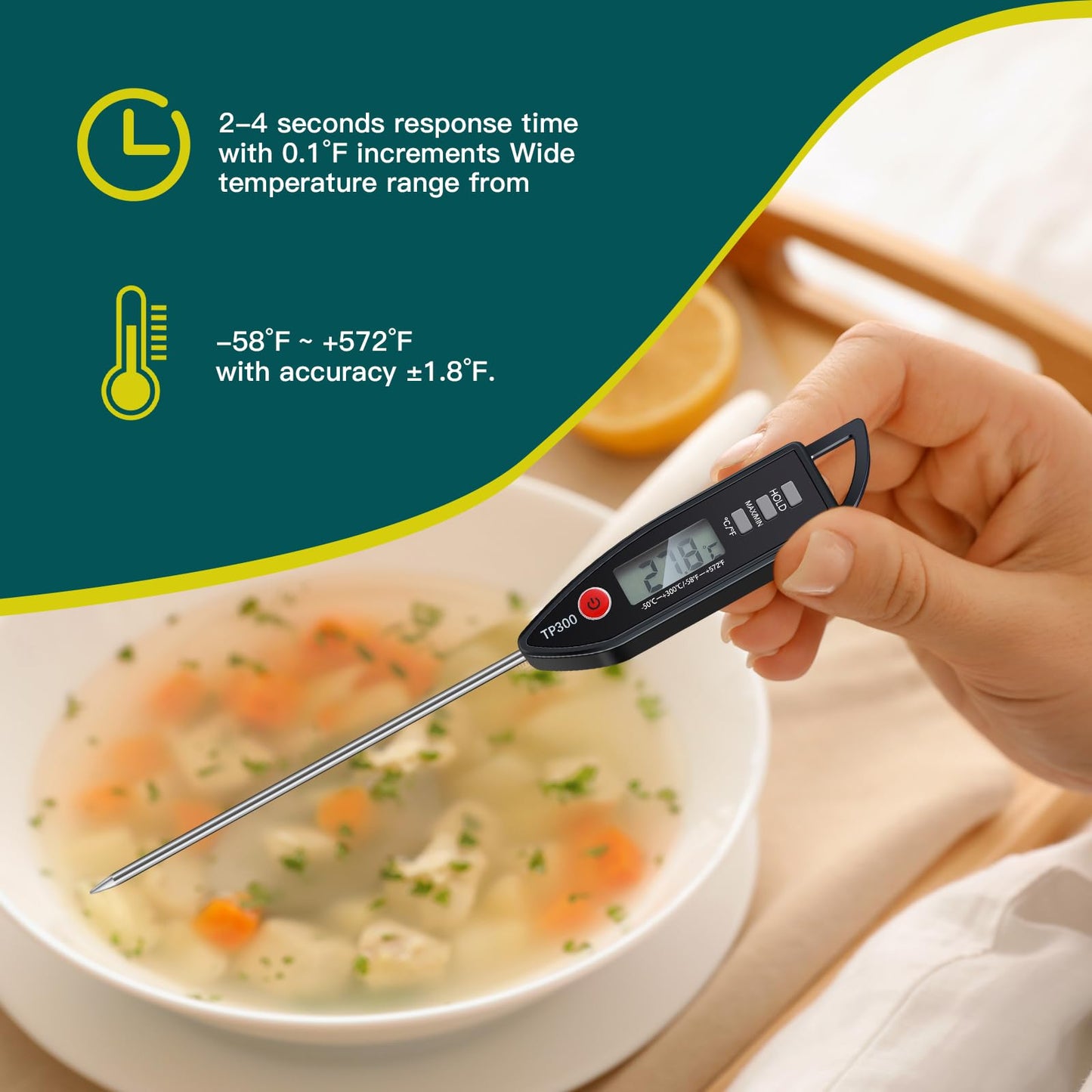 6 Pcs Instant Read Meat Thermometer with Long Probe 9.65 Inch Kitchen Cooking Food Candy Waterproof Digital Thermometer for BBQ Water Milk Yogurt Liquid (Round&Square Ring,Black,White,Red)