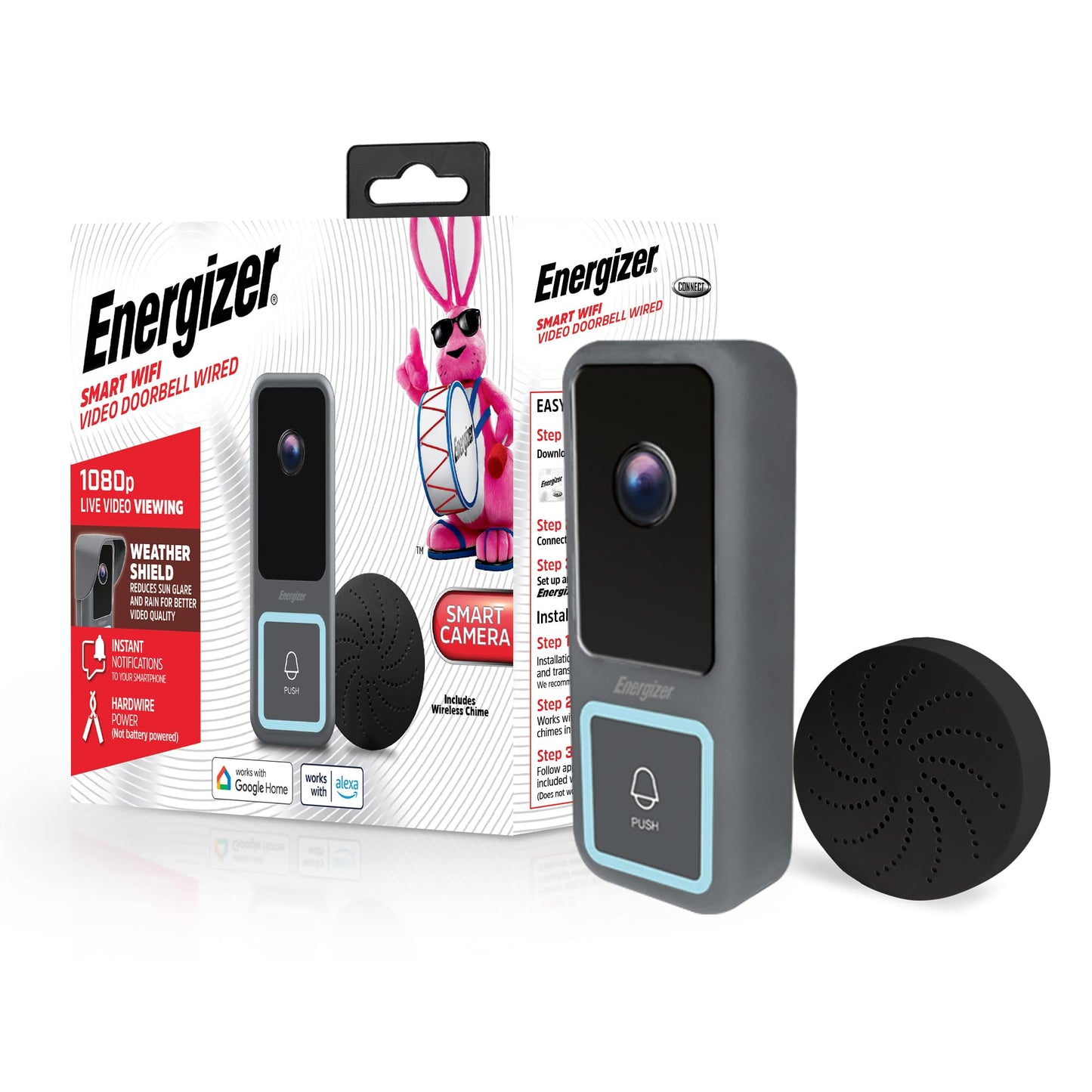 Energizer Smart Doorbell & Chime, Wired 1080p Video Doorbell Security Camera, 2-Way Audio, Night Vision, Cloud & Card Storage, Works with Alexa & Google Home, Motion Sensor, Requires Existing Wires