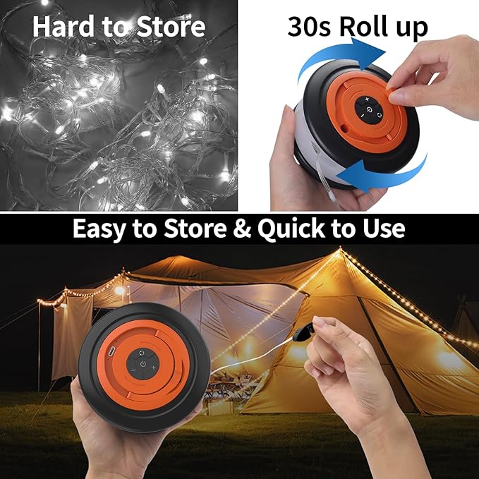 Camping String Lights, 3 in 1 Outdoor Camping Light with 6 Lighting Modes, Quick Storage 32.8FT Rechargeable Tent Lantern, Portable LED Hanging Light for Outdoor Patio Awning Garden Party