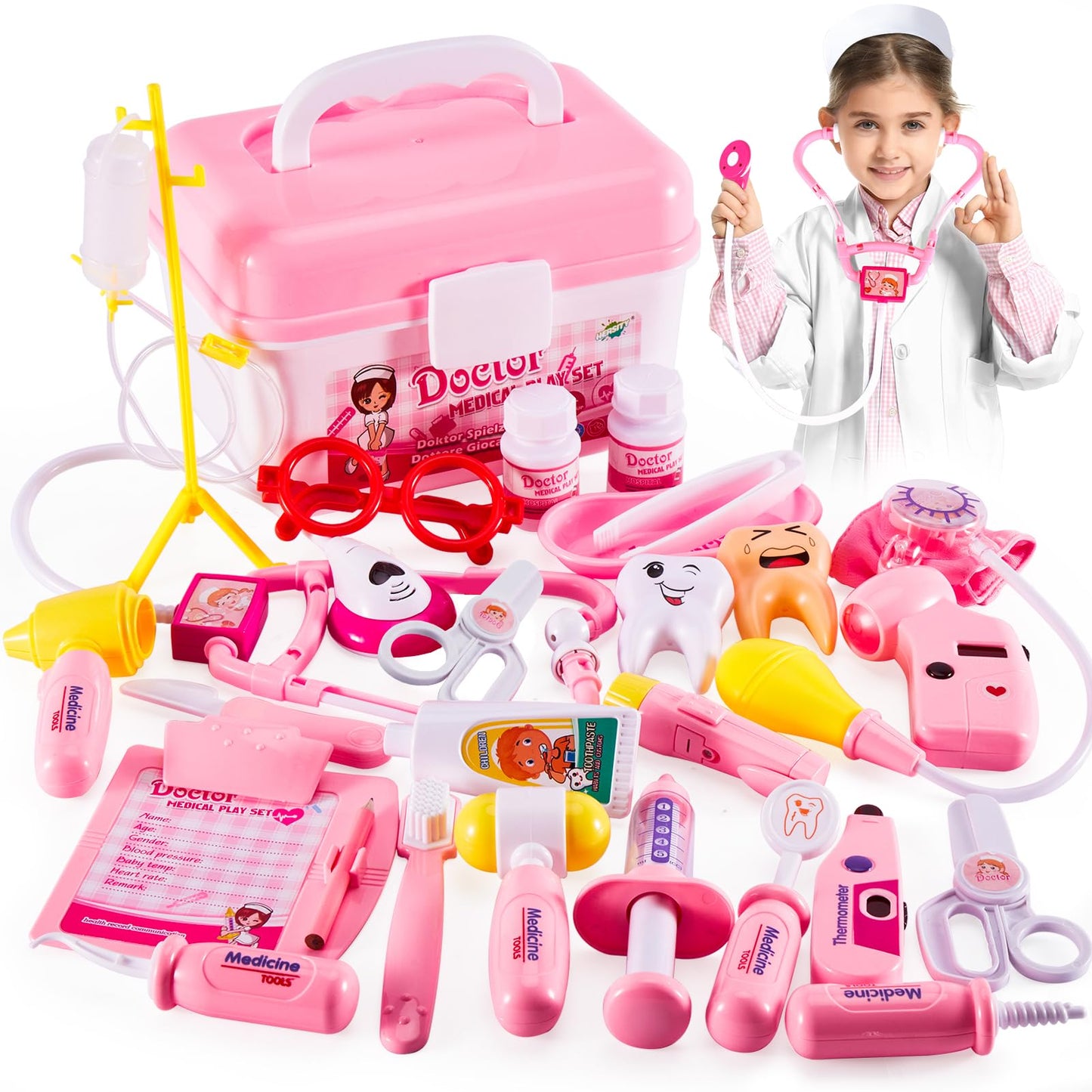 HERSITY Kids Doctors Kit Toy Medical Playset Nurses Costume Role Play Dentist Set with Carry Case Gifts for 3 4 5 6 Years Old Girls