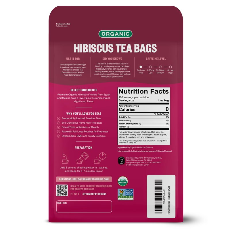 FGO Organic Hibiscus Tea, 100 Count, Eco-Conscious Tea Bags, Caffeine Free, Packaging May Vary (Pack of 1)