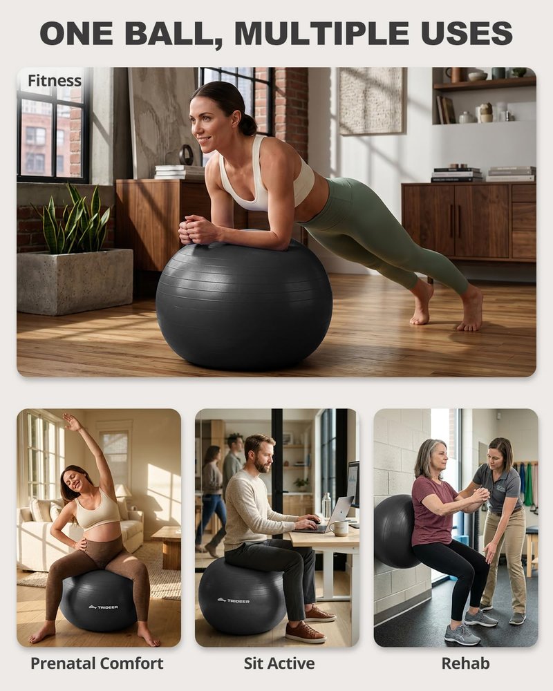 Trideer Yoga Ball for Exercise, Pregnancy & Birthing, 5 Sizes Exercise Ball for Physical Therapy, Stability, Fitness, Quick Pump Included