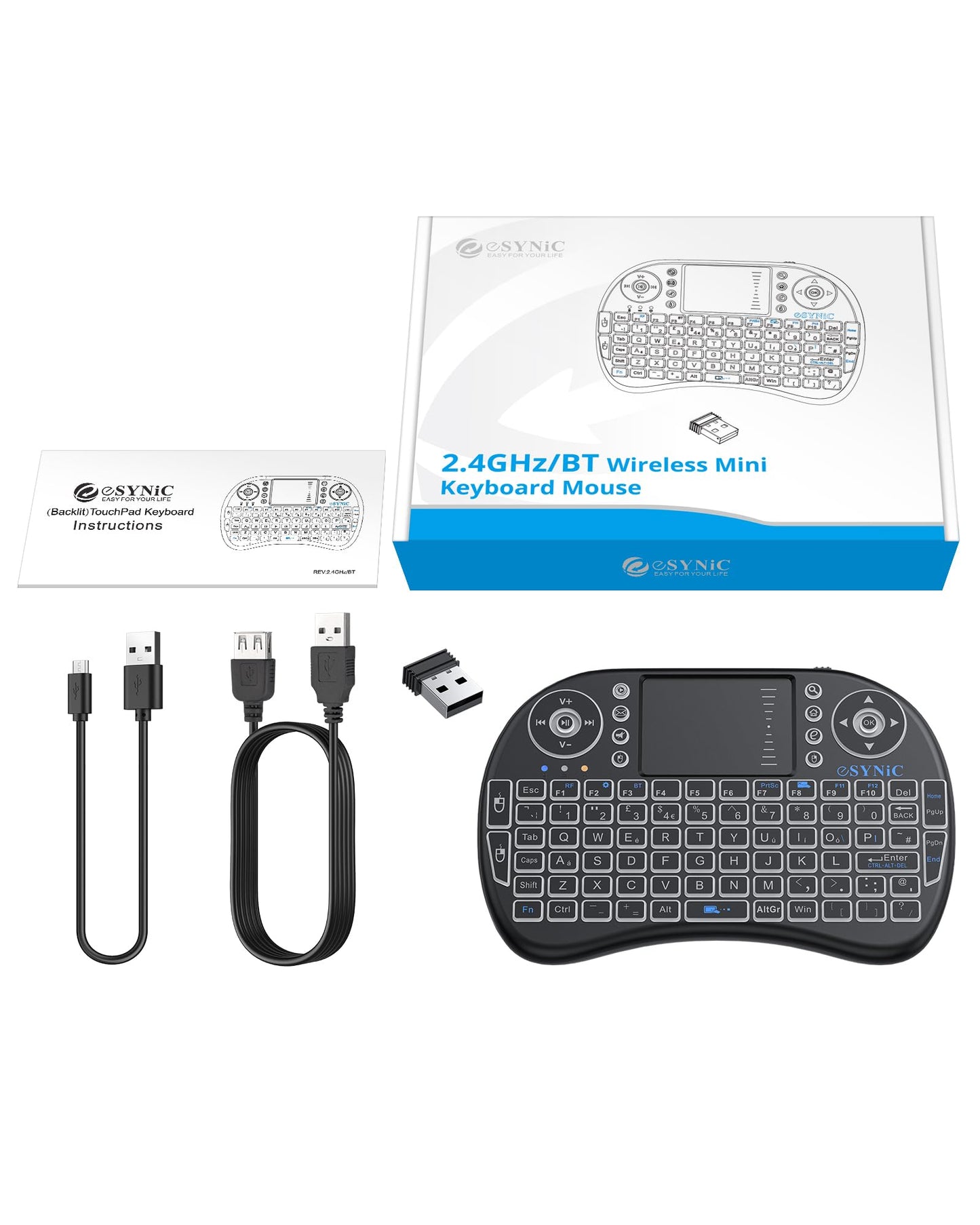 eSynic Upgraded Backlit Keyboard Wireless Bluetooth 2.4GHz Keyboard Touchable Portable with Touchpad Mouse and Built-in Rechargeable Battery For Google Smart TV Android Box Windows Laptop