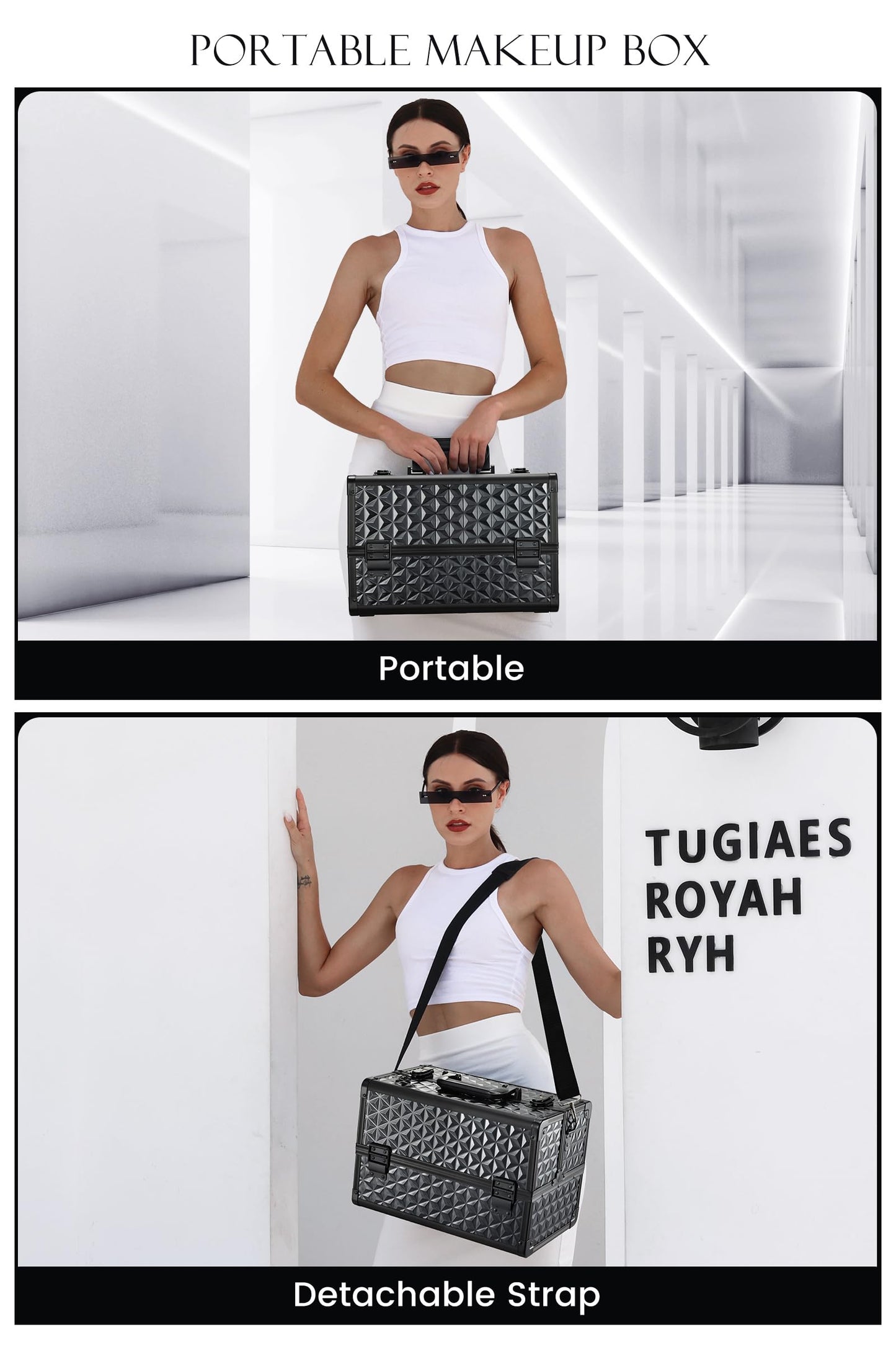 Joligrace Large Makeup Case Makeup Organiser Box Vanity Case Lockable Cosmetic Cases 4 Trays with Shoulder Strap Clasp, Black