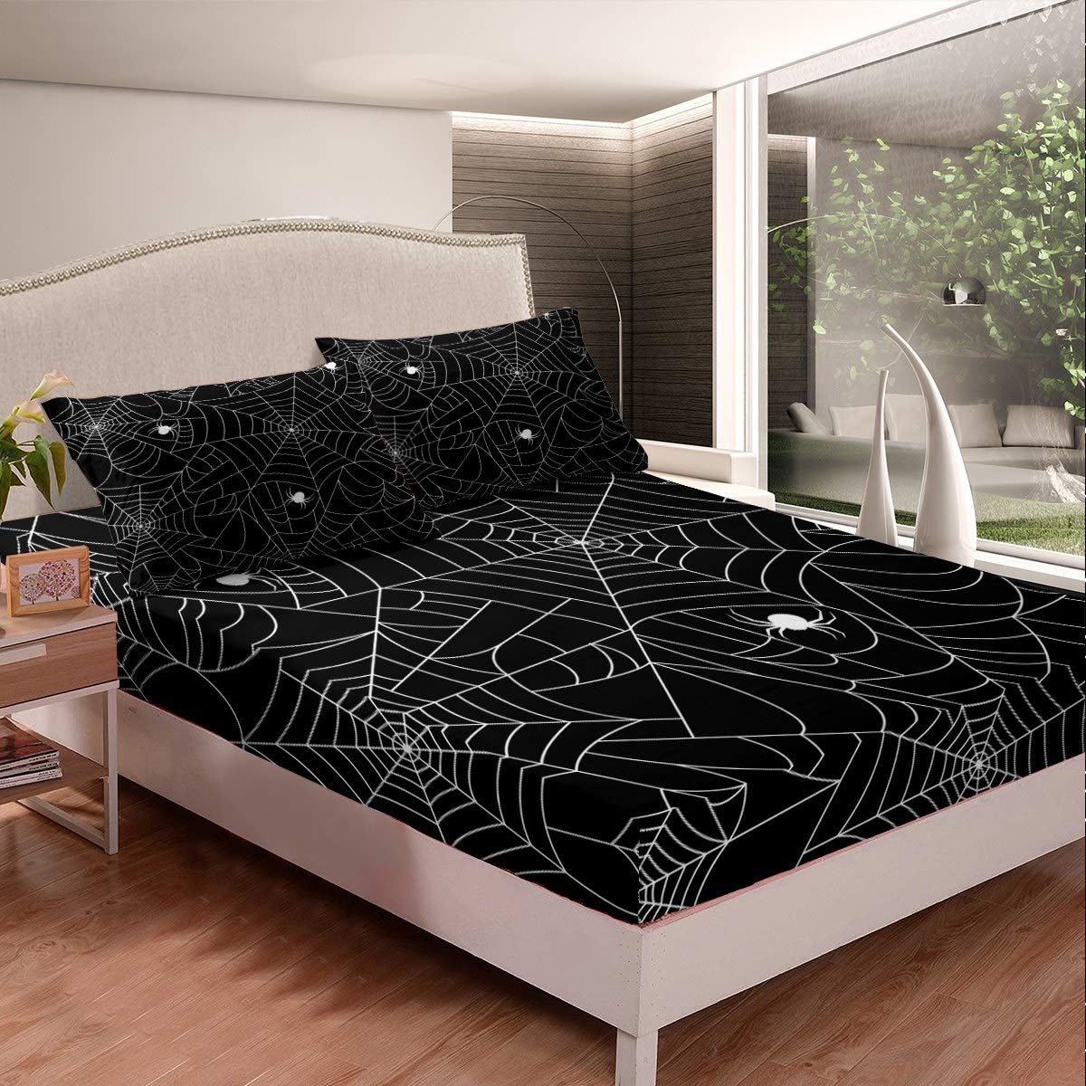 Feelyou Boys Spider Web Printed Bedding Set for Kids Children Halloween Themed Bed Sheet Set Decorative Scary Spider Pattern Fitted Sheet Black White Animal Theme Bed Cover Twin Size 2Pcs