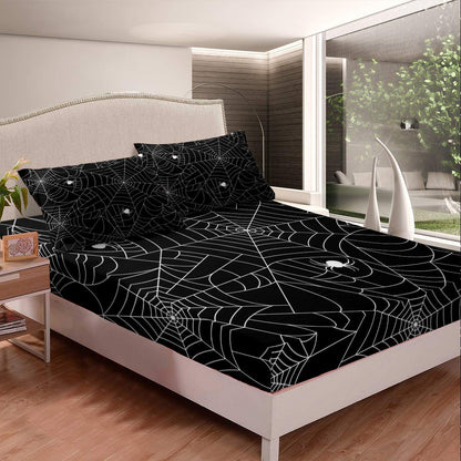 Feelyou Boys Spider Web Printed Bedding Set for Kids Children Halloween Themed Bed Sheet Set Decorative Scary Spider Pattern Fitted Sheet Black White Animal Theme Bed Cover Twin Size 2Pcs