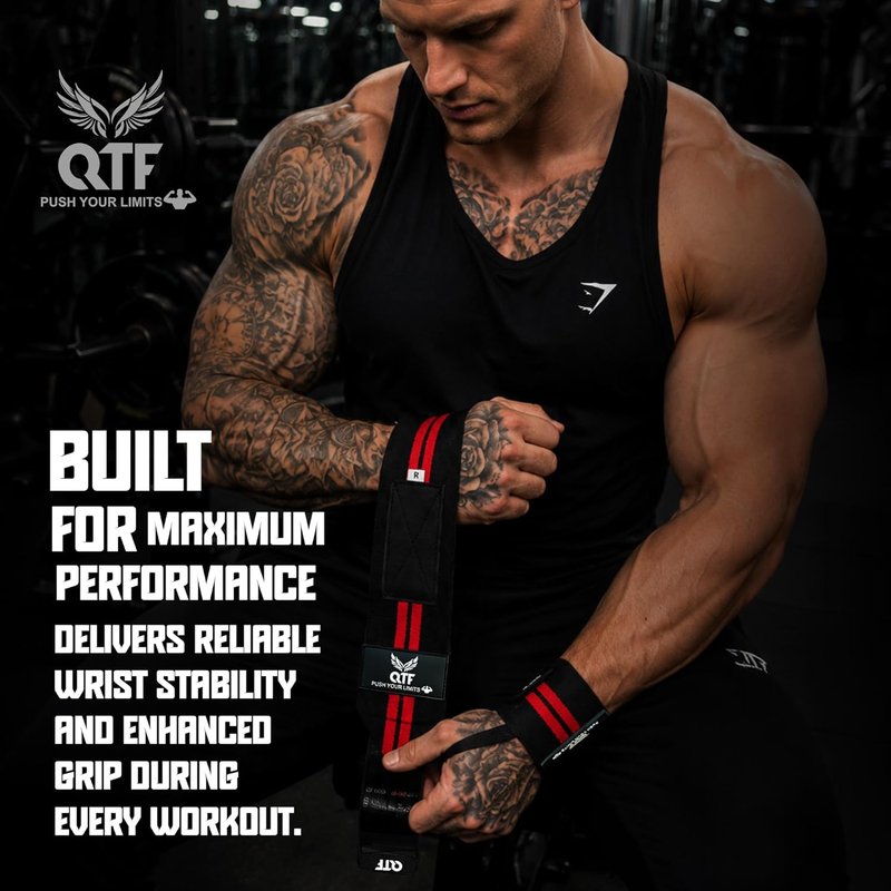 QTF Wrist Wraps for Weightlifting - Heavy-Duty 12" Support with Thumb Loop | Ideal for Strength Training & Bodybuilding