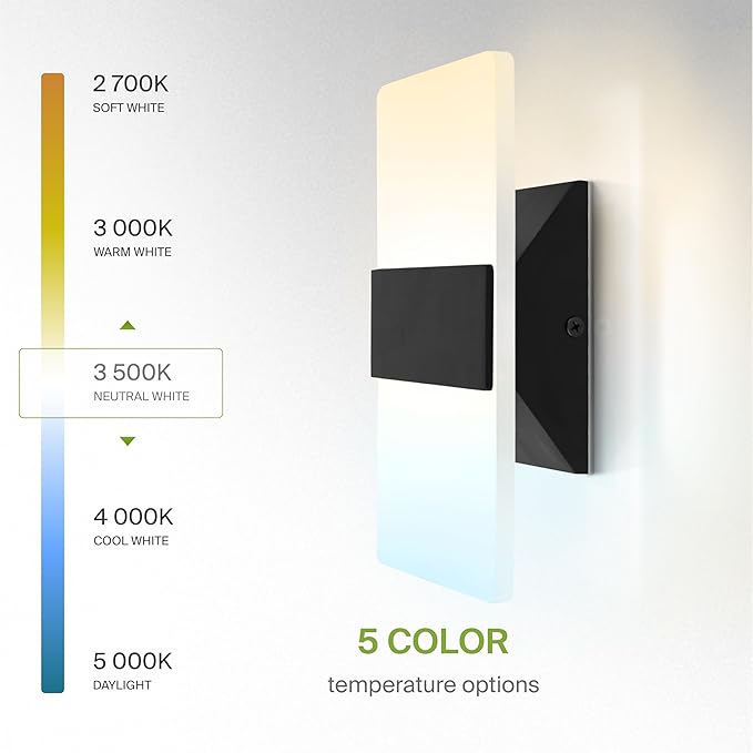 ASD 8 Inch LED Indoor Wall Sconce - Modern Interior 10W 120V 2700K-5000K Adjustable Dimmable Wall Mounted Light Fixtures, Acrylic Glass Wall Lights for Stairway, Hallway - ETL, Matte Black