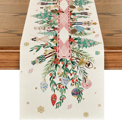 Artoid Mode Nutcracker Floral Holly Christmas Table Runner, Seasonal Winter Kitchen Dining Table Decoration for Home Party Decor 13x48 Inch