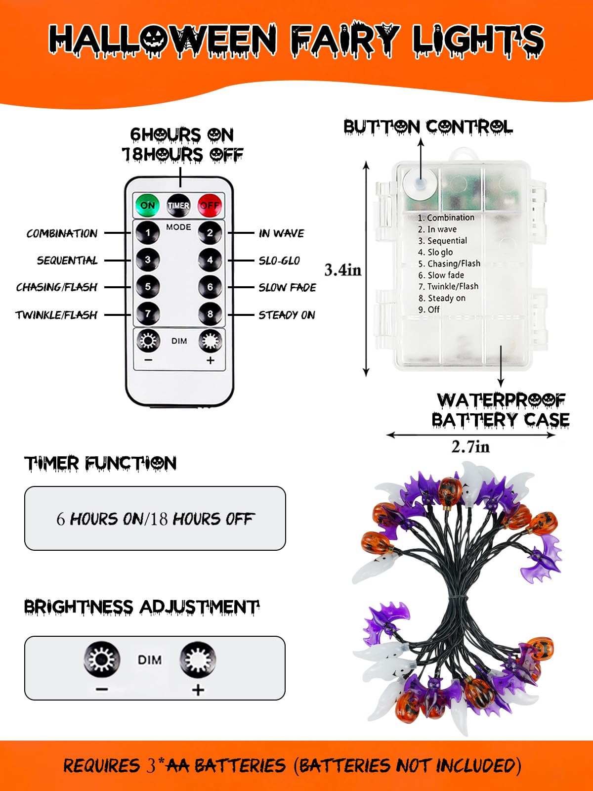 Halloween String Lights, 3D Pumpkin Bat Ghost Fairy Lights Battery Operated with Remote, 30LED Twinkle Light Waterproof 8 Modes & Timer for Halloween Parties Decorations Indoor Outdoor Windows Decor