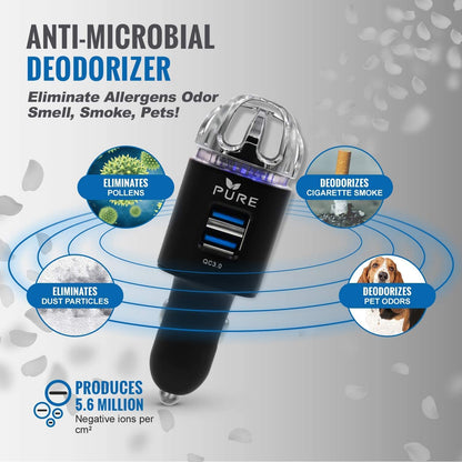 Car Air Purifier Premium Air Ionizer & Car Charger Accessory w Dual USB Ports Quick Charge 3.0 Eliminate Allergens Bad Odor Pet Smell Smoke Pollen Mold Bacteria Viruses PM2.5 & VOCs Deodorizer