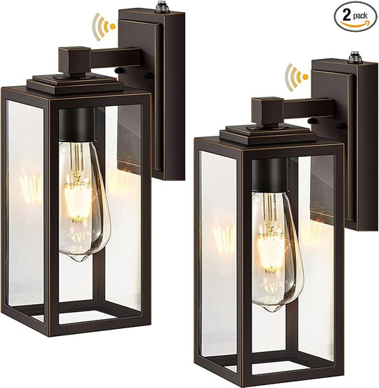 VIANIS Dusk to Dawn Outdoor House Lights Wall Mount, 2 Packs Oil Rubbed Bronze Gold Trim Exterior Garage Lighting Fixtures, Farmhouse Outdoor Wall Sconce Lantern for Porch Patio, Anti-Rust Waterproof