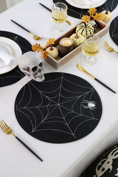 Feuille Round Halloween Placemats Set of 4 13.5 Inch Spider Web Placemats for Round Tables Black and White Spider Placemats Perfect for Halloween Decorations Indoor