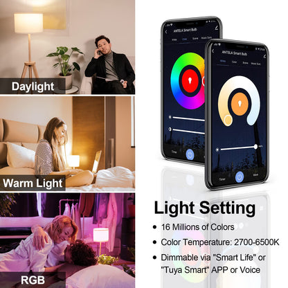 ANTELA Smart Bulb E27 A65 12W 1350LM Alexa WiFi Light Bulbs, 2700K-6500K RGB Dimmable Light, Compatible with Alexa/Google Home, 2 Packs