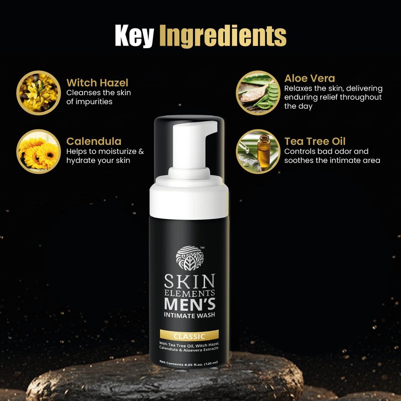 Skin Elements Intimate Wash for Men | pH Balanced Foaming Wash with Tea Tree Oil & Aloe Vera | Soothes, Refreshes & Maintains Hygiene | 4.05 fl. oz. |